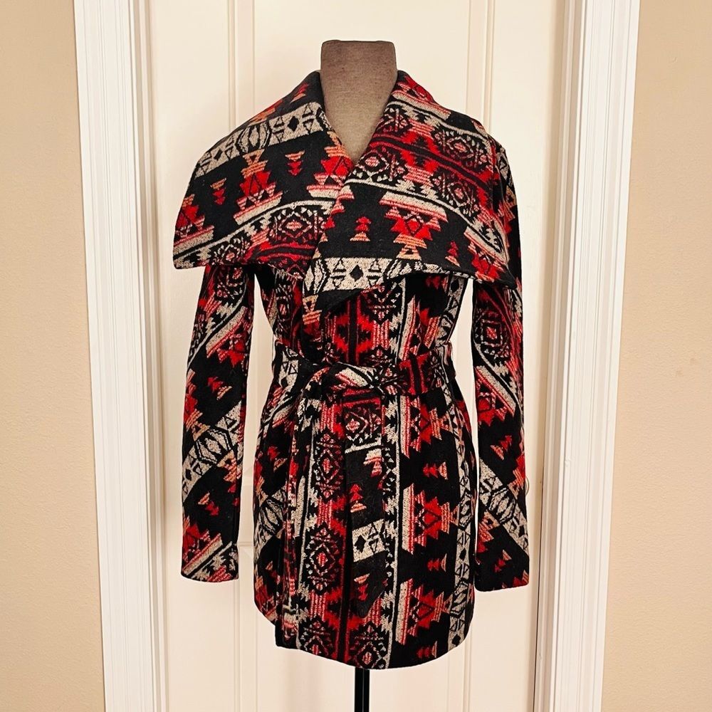 Red plaid, tie-belted heavy coat by Quinn